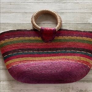 Multicolor Straw Tote Bag with Circular Handles